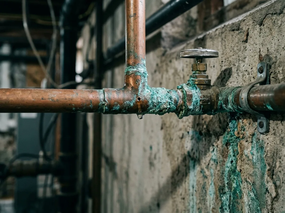 Blue-green copper stain streaking down a sink basin from acidic well water