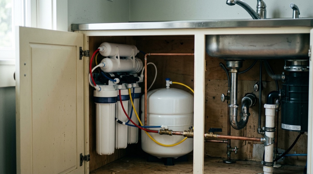 An under-sink reverse osmosis system installed in a home cabinet, the most common point-of-use solution for removing arsenic from well water