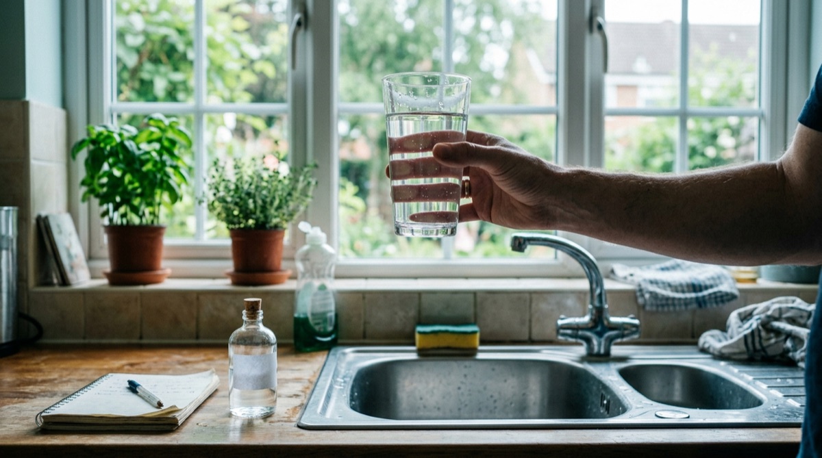 Glass of well water held to kitchen light beside a water sampling bottle, illustrating home bacteria testing