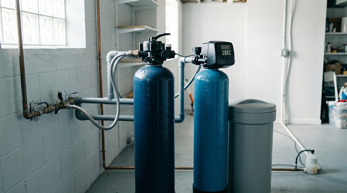 Water softener and iron filter tanks in a basement