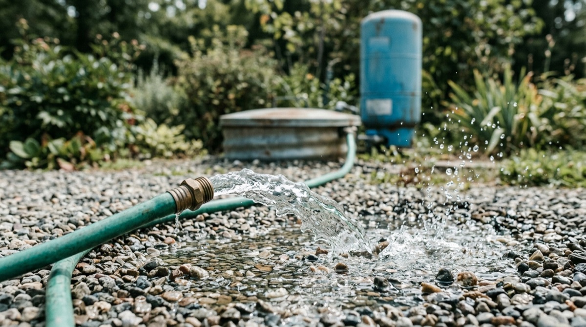 Water flushing from an outdoor hose onto gravel away from plants after shock chlorinating a private well