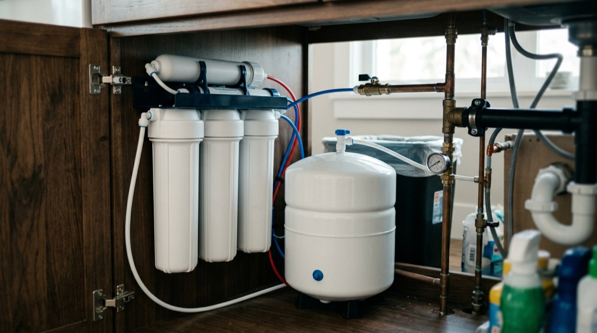 An under-sink reverse osmosis filtration system with cartridges and storage tank installed inside a kitchen cabinet