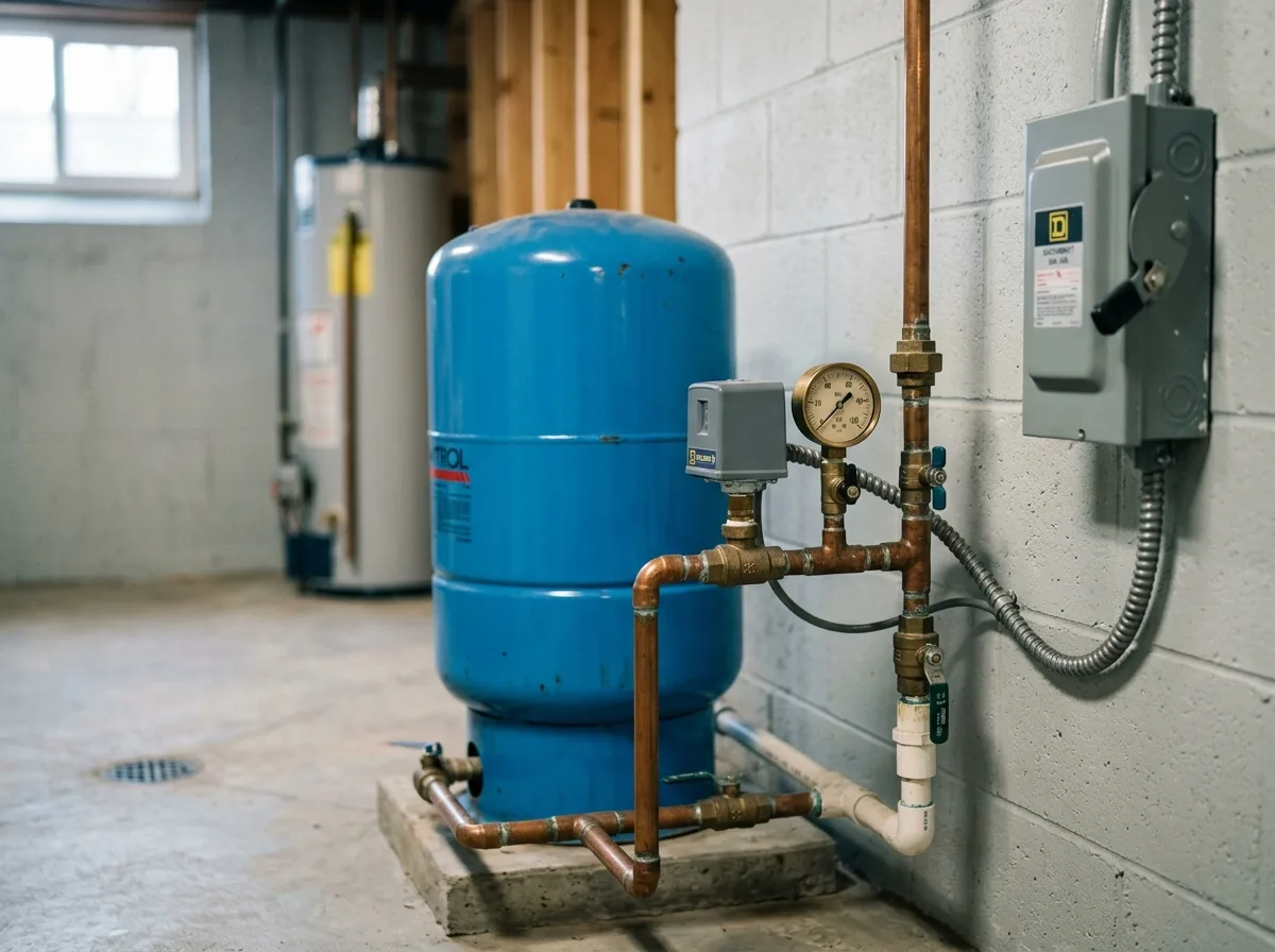 Pressure tank gauge and well pump breaker panel a homeowner checks when water stops
