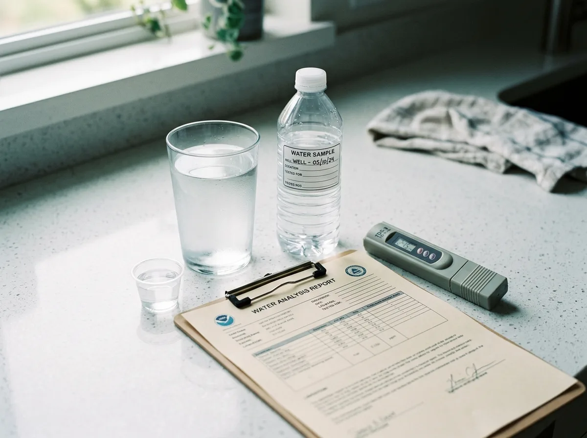Homeowner tasting well water at a kitchen sink to check for a salty flavor