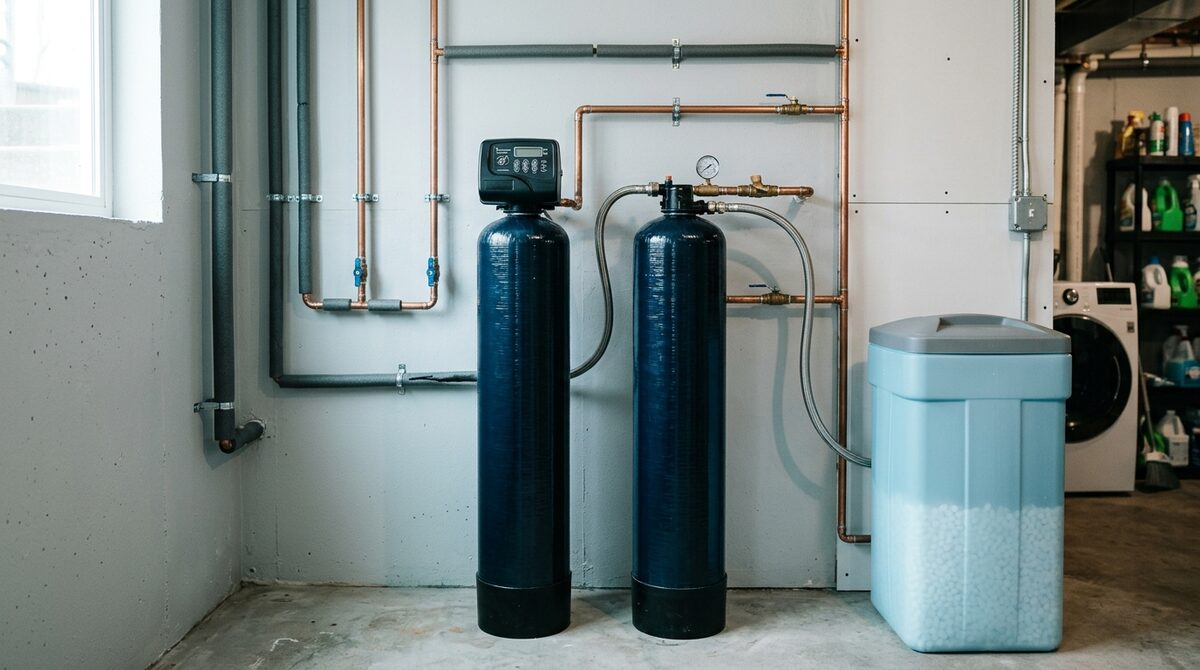 Whole-house water treatment system in a basement
