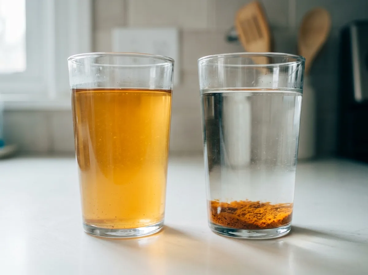 A glass of tea-colored tannin-stained well water beside a clear glass