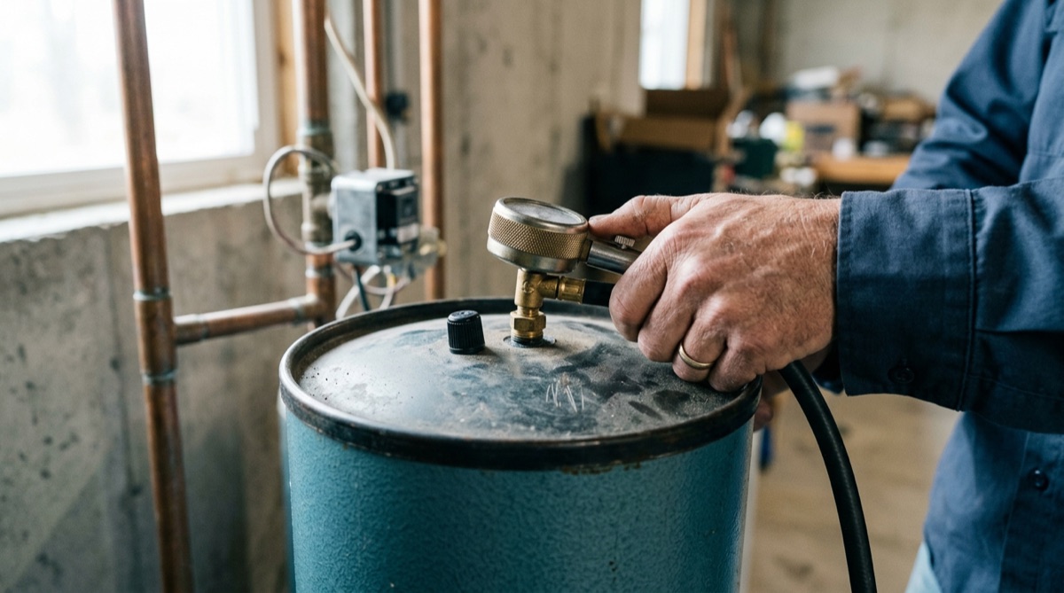 Hand checking the air charge at the Schrader valve on top of a well pressure tank with a tire gauge