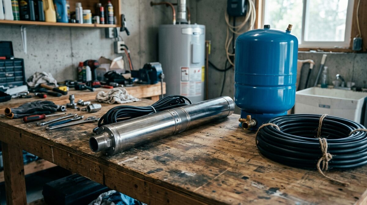 Submersible pump, pressure tank, and poly pipe